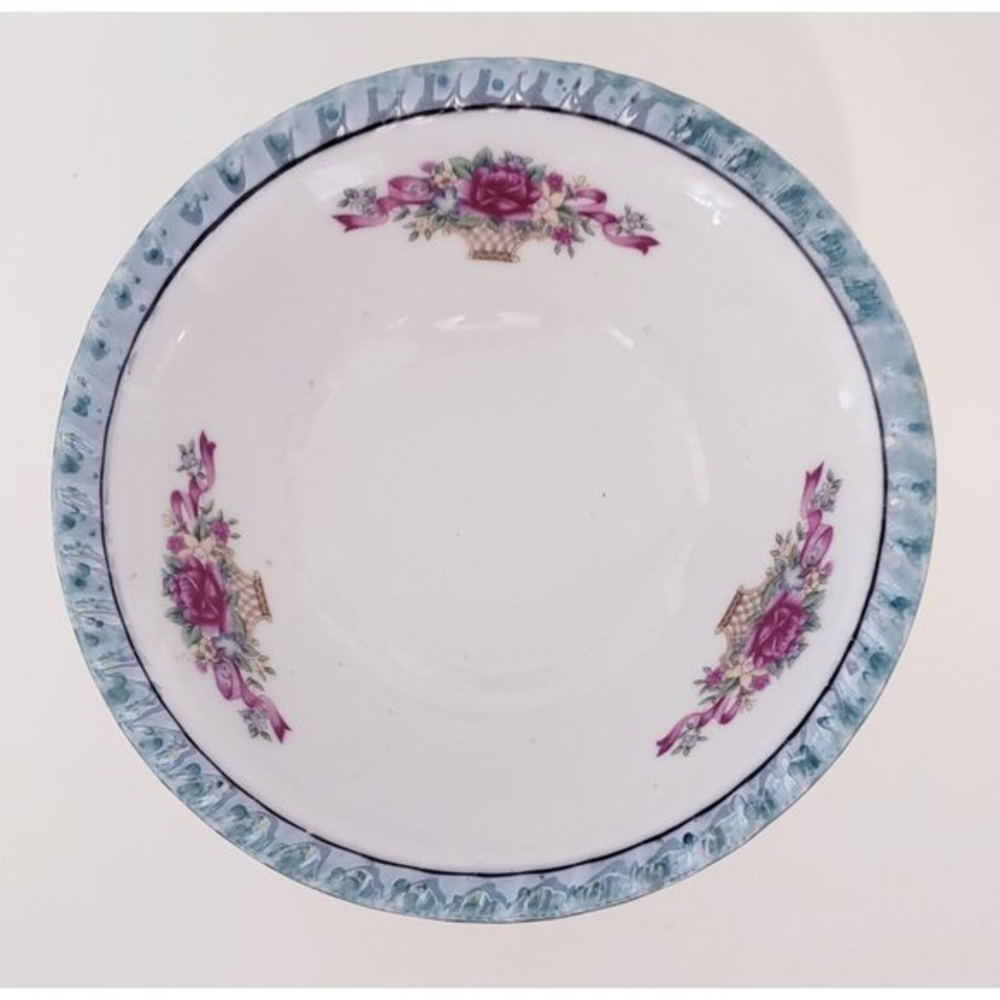 Yamatsu Japan Blue Trim Floral Bowl‎ Vintage 7in